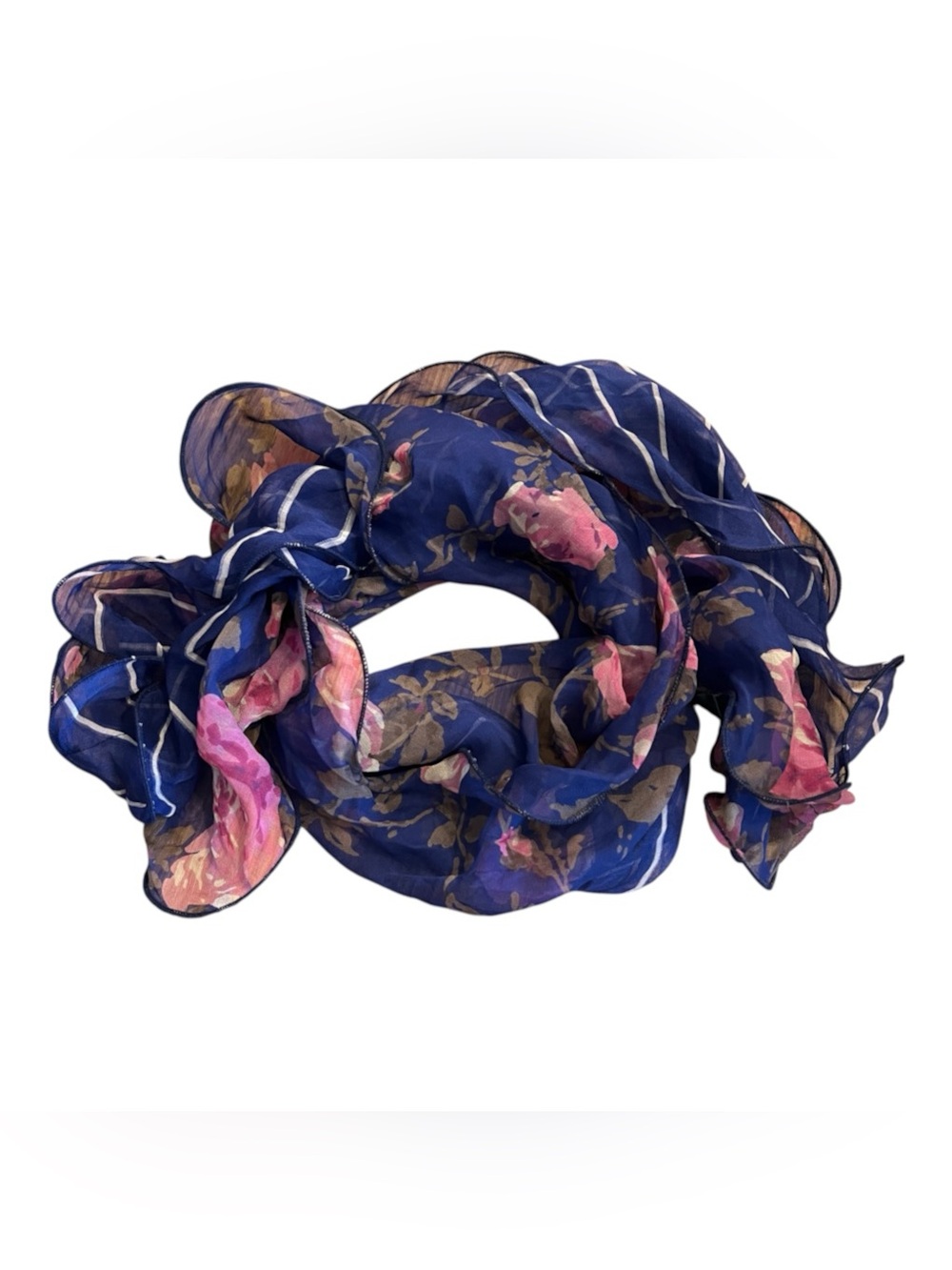 RALPH LAUREN Silk Oblong Scarf Floral Striped Roses Blue Pink Vintage 50”